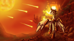 Size: 4096x2304 | Tagged: safe, artist:nightpaint12, daybreaker, alicorn, pony, g4, apocalypse, bad end, canterlot, female, helmet, looking back, mane of fire, mare, meteor, silhouette, smiling, solo