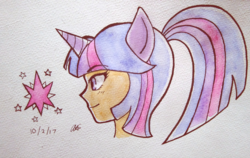 Size: 3120x1972 | Tagged: safe, artist:aloubell, twilight sparkle, human, g4, bust, eared humanization, female, horn, horned humanization, humanized, ponytail, portrait, solo, traditional art