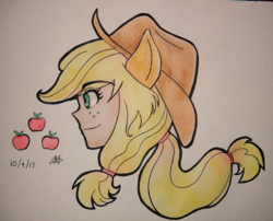 Size: 3001x2420 | Tagged: safe, artist:aloubell, applejack, human, g4, bust, eared humanization, female, hat, high res, humanized, ponytail, portrait, solo, traditional art