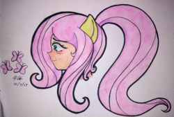 Size: 3098x2092 | Tagged: safe, artist:aloubell, fluttershy, human, g4, bust, eared humanization, female, high res, humanized, ponytail, portrait, solo, traditional art