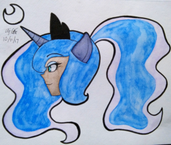 Size: 3113x2629 | Tagged: safe, artist:aloubell, princess luna, human, g4, bust, eared humanization, female, high res, horn, horned humanization, humanized, ponytail, portrait, solo, traditional art