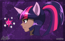 Size: 3120x1972 | Tagged: safe, artist:aloubell, twilight sparkle, human, g4, bust, eared humanization, horn, horned humanization, humanized, ponytail, portrait