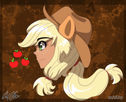 Size: 3001x2420 | Tagged: safe, artist:aloubell, applejack, human, g4, bust, eared humanization, high res, humanized, ponytail, portrait