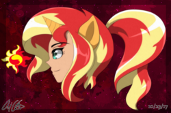 Size: 3113x2062 | Tagged: safe, artist:aloubell, sunset shimmer, human, g4, bust, eared humanization, high res, horn, horned humanization, humanized, ponytail, portrait