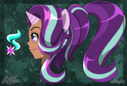 Size: 3122x2121 | Tagged: safe, artist:aloubell, starlight glimmer, human, g4, bust, eared humanization, high res, horn, horned humanization, humanized, ponytail, portrait