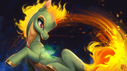 Size: 1920x1080 | Tagged: safe, artist:imalou, tianhuo (tfh), longma, them's fightin' herds, community related, female, fire, fur, mane of fire, scales, smiling, solo, tail, tail of fire, unshorn fetlocks, wallpaper