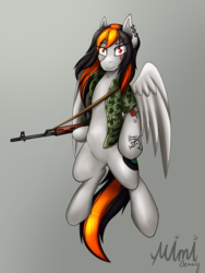 Size: 2400x3200 | Tagged: safe, artist:milkychocoberry, oc, oc only, oc:cannon car, bipedal, clothes, ear piercing, earring, female, gun, high res, jewelry, mare, piercing, scar, simple background, solo, tattoo, weapon