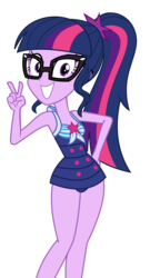 Size: 3111x5768 | Tagged: safe, artist:keronianniroro, sci-twi, twilight sparkle, human, equestria girls, equestria girls series, forgotten friendship, g4, absurd resolution, adorasexy, adorkable, clothes, cute, dork, female, glasses, grin, hand on hip, looking at you, meganekko, one-piece swimsuit, peace sign, ponytail, sci-twi swimsuit, sci-twiabetes, sexy, simple background, smiling, smiling at you, solo, swimsuit, transparent background, twiabetes, vector