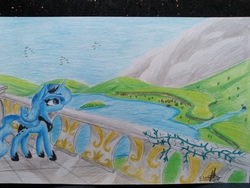 Size: 4128x3096 | Tagged: safe, artist:ironbeastz, princess luna, pony, g4, balcony, female, high res, lake, solo, traditional art