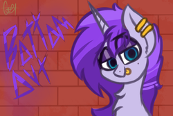 Size: 1500x1000 | Tagged: safe, artist:claudearts, oc, oc only, oc:bottom out, pony, unicorn, :p, bedroom eyes, brick wall, chest fluff, ear piercing, earring, eyeshadow, fluffy, graffiti, jewelry, makeup, mole, piercing, silly, solo, tongue out