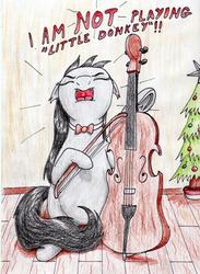 Size: 2460x3366 | Tagged: safe, artist:40kponyguy, derpibooru exclusive, octavia melody, earth pony, pony, g4, annoyed, bipedal, bowtie, cello, christmas, christmas tree, eyes closed, female, floppy ears, high res, holiday, musical instrument, solo, traditional art, tree, wooden floor