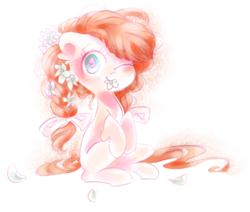 Size: 3120x2641 | Tagged: safe, artist:pinkablue, oc, oc only, oc:flowering, earth pony, pony, bow, ear fluff, female, filly, flower, flower in hair, flower in mouth, high res, mouth hold, one eye closed, petals, simple background, sitting, solo, transparent background
