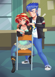 Size: 566x800 | Tagged: safe, artist:thebrokencog, flash sentry, sunset shimmer, human, equestria girls, g4, breasts, busty sunset shimmer, chair, clothes, female, humanized, jacket, male, massage, pants, ship:flashimmer, shipping, shirt, smiling, straight