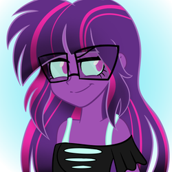 Size: 600x600 | Tagged: dead source, safe, artist:wubcakeva, sci-twi, twilight sparkle, equestria girls, g4, casual, causal midnight sparkle, clothes, female, glasses, long hair, midnight sparkle, smug, solo, tank top
