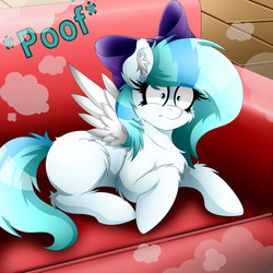 Size: 4200x4200 | Tagged: safe, artist:colarix, oc, oc only, oc:colarix, pegasus, pony, :t, absurd resolution, ask, bow, chest fluff, confused, couch, cute, ear fluff, female, filly, fluffy, frown, furniture, hair bow, leg fluff, prone, ribbon, shoulder fluff, sitting, smoke, solo, tumblr, wide eyes, younger