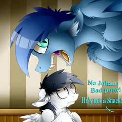 Size: 3000x3000 | Tagged: safe, artist:colarix, oc, oc:johan, oc:prince blitzwing, bat pony, pegasus, pony, ask, chest fluff, colt, ear fluff, fangs, foal, high res, implied vore, male, scared, stallion, sweat, tumblr