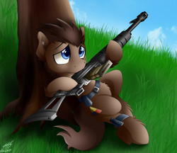 Size: 3136x2704 | Tagged: safe, artist:colarix, oc, oc:blitzwing, gun, high res, military pony, outdoors, tree, weapon