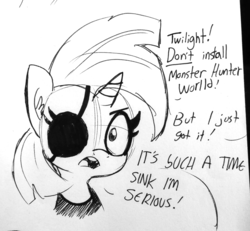 Size: 1320x1220 | Tagged: safe, artist:tjpones, twilight sparkle, pony, unicorn, black and white, bust, dialogue, ear fluff, eyepatch, female, future twilight, grayscale, implied twilight sparkle, ink drawing, mare, monochrome, monster hunter, monster hunter world, offscreen character, open mouth, solo, time travel, traditional art