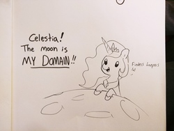Size: 4160x3120 | Tagged: safe, artist:tjpones, princess celestia, alicorn, pony, g4, bitchlestia, black and white, dialogue, female, grayscale, implied princess luna, lineart, mare, monochrome, moon, offscreen character, simple background, solo, tangible heavenly object, traditional art