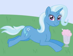 Size: 650x500 | Tagged: safe, artist:tempestcord, trixie, pony, unicorn, g4, female, food, ice cream, lying down, smiling, solo