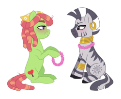 Size: 1280x1043 | Tagged: safe, artist:cascayd, tree hugger, zecora, earth pony, pony, zebra, g4, blushing, crack shipping, female, floral head wreath, floral necklace, flower, lesbian, looking at each other, shipping, simple background, smiling, transparent background, treecora