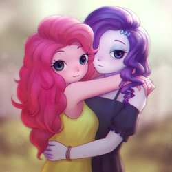 Size: 868x868 | Tagged: safe, artist:agaberu, pinkie pie, rarity, equestria girls, g4, :3, bracelet, clothes, female, hairpin, hug, jewelry, lesbian, looking at you, ship:raripie, shipping, shirt, smiling