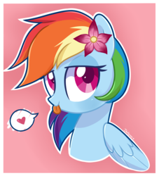 Size: 2000x2200 | Tagged: safe, artist:darkynez, rainbow dash, pegasus, pony, g4, :p, bedroom eyes, bust, cute, dashabetes, female, flower, flower in hair, heart, high res, lidded eyes, mare, pictogram, pink background, rainbow dash always dresses in style, signature, silly, simple background, solo, speech bubble, tongue out