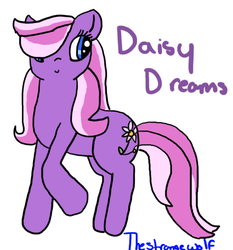 Size: 544x584 | Tagged: safe, artist:thestrangewolf, daisy dreams, g4, c:, female, mare, name, raised hoof, signature, simple background, smiling, solo, white background