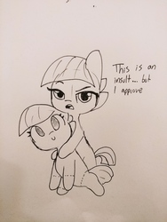 Size: 4160x3120 | Tagged: safe, artist:tjpones, limestone pie, earth pony, pony, g4, black and white, dialogue, female, grayscale, life size, lineart, mare, monochrome, narcissism, plushie, simple background, traditional art