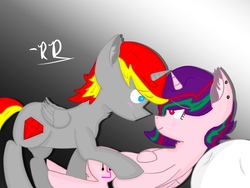 Size: 2048x1536 | Tagged: safe, artist:rubydeluxe, derpibooru exclusive, oc, oc only, oc:holly dance, oc:rd, alicorn, pony, alicorn oc, blushing, cutie mark, ear fluff, ear piercing, female, horn, lying down, male, neck fluff, piercing, pillow, shading, shipping, signature, simple background, smiling, straight, wings