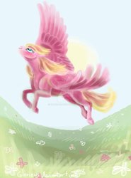 Size: 769x1038 | Tagged: safe, artist:gloriaus, meadow flower, pegasus, pony, g4, female, flying, mare, solo, watermark