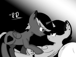 Size: 2048x1536 | Tagged: safe, alternate version, artist:rubydeluxe, derpibooru exclusive, oc, oc only, oc:holly dance, oc:rd, alicorn, pony, alicorn oc, black and white, blushing, cutie mark, ear fluff, ear piercing, female, grayscale, male, monochrome, neck fluff, piercing, pillow, shading, shipping, signature, smiling, straight