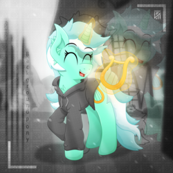 Size: 4000x4000 | Tagged: safe, artist:sol-r, lyra heartstrings, fanfic:background pony, g4, clothes, dig the swell hoodie, fanfic, fanfic art, female, framed picture, hoodie, lyre, musical instrument, partial color, solo, zoom layer