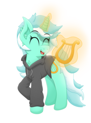 Size: 2958x4000 | Tagged: safe, artist:sol-r, lyra heartstrings, fanfic:background pony, g4, clothes, dig the swell hoodie, fanfic, fanfic art, female, glowing horn, hoodie, horn, lyre, magic, musical instrument, raised hoof, simple background, solo, telekinesis, transparent background