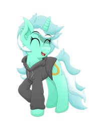 Size: 2958x4000 | Tagged: safe, alternate version, artist:sol-r, lyra heartstrings, fanfic:background pony, g4, clothes, dig the swell hoodie, eyes closed, fanfic, fanfic art, female, hoodie, raised hoof, simple background, solo, transparent background