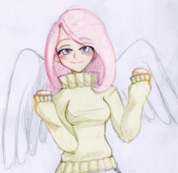 Size: 1280x1238 | Tagged: safe, artist:nightlycat, fluttershy, human, g4, clothes, female, humanized, looking at you, solo, sweater, sweatershy, traditional art