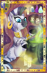 Size: 1970x3045 | Tagged: safe, artist:sophillia, zecora, zebra, g4, candle, cauldron, cute, ear piercing, earring, female, jewelry, mare, piercing, solo, zecorable