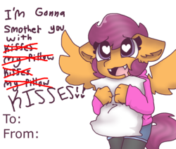 Size: 2600x2200 | Tagged: safe, artist:synnibear03, scootaloo, oc, oc only, oc:ponytale scootaloo, anthro, comic:ponytale, g4, female, heart eyes, high res, holiday, pillow, solo, valentine's day, valentine's day card, wingding eyes