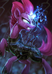 Size: 850x1200 | Tagged: safe, artist:assasinmonkey, tempest shadow, pony, unicorn, g4, my little pony: the movie, armor, broken horn, chromatic aberration, digital painting, electricity, eye scar, female, horn, looking back, magic, mare, scar, solo, sparking horn