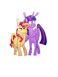 Size: 1200x1600 | Tagged: safe, artist:butchmanaphy, sunset shimmer, twilight sparkle, alicorn, pony, unicorn, g4, eyes closed, female, lesbian, ship:sunsetsparkle, shipping, simple background, transparent background, twilight sparkle (alicorn)