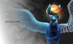 Size: 1500x914 | Tagged: safe, artist:seamaggie, rainbow dash, pegasus, pony, alternate timeline, amputee, apocalypse dash, artificial wings, augmented, clothes, crystal war timeline, eye scar, female, large wings, looking at you, mare, mechanical wing, prosthetic limb, prosthetic wing, prosthetics, scar, solo, wallpaper, wings