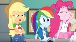 Size: 772x435 | Tagged: safe, screencap, applejack, pinkie pie, rainbow dash, equestria girls, equestria girls specials, g4, my little pony equestria girls: better together, my little pony equestria girls: forgotten friendship, confused, facepalm, female, trio