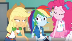 Size: 741x425 | Tagged: safe, screencap, applejack, pinkie pie, rainbow dash, equestria girls, equestria girls specials, g4, my little pony equestria girls: better together, my little pony equestria girls: forgotten friendship, eyes closed, female, sitting, trio