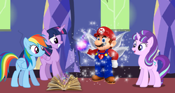 Size: 1974x1056 | Tagged: safe, artist:dashiesparkle, artist:kysss90, artist:limedreaming, artist:steampalenresources, artist:user15432, rainbow dash, starlight glimmer, twilight sparkle, alicorn, fairy, human, pegasus, pony, unicorn, g4, aura, book, castle, crossover, fairy wings, hasbro, hasbro studios, humanized, jewelry, lesson, magic, magic aura, magic book, male, maridash, mario, necklace, show accurate, sparkles, sparkling, sparkly, sparkly wings, super mario bros., super smash bros., twilight sparkle (alicorn), twilight's castle, wat, winged humanization, wings