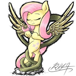 Size: 2000x2000 | Tagged: safe, artist:phoenixrk49, fluttershy, butterfly, pegasus, pony, g4, bipedal, eyes closed, female, high res, mare, simple background, solo, spread wings, vine, white background, wings