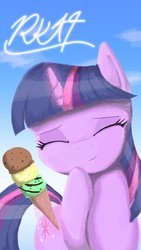 Size: 1080x1920 | Tagged: safe, artist:phoenixrk49, twilight sparkle, pony, unicorn, g4, eyes closed, female, food, ice cream, ice cream cone, magic, mare, smiling