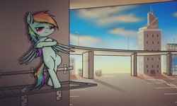 Size: 1800x1080 | Tagged: safe, artist:phoenixrk49, rainbow dash, pegasus, pony, g4, bipedal, city, female, ledge, looking at you, mailbox, mare, parking lot, smiling, solo, standing