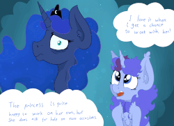 Size: 1939x1404 | Tagged: safe, artist:paskanaakka, derpibooru exclusive, princess luna, oc, oc:midnight dew, pony, unicorn, g4, abstract background, animated, bags under eyes, chest fluff, clapping, dialogue, duo, ear fluff, excited, eye shimmer, female, horn, mare, nose wrinkle, pony oc, smiling, tired, unicorn oc