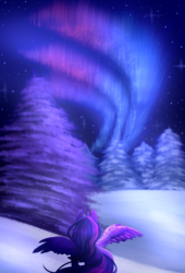 Size: 800x1174 | Tagged: safe, artist:cabbage-arts, twilight sparkle, alicorn, pony, g4, aurora borealis, female, mare, night, snow, solo, tree, tree stump, twilight sparkle (alicorn)