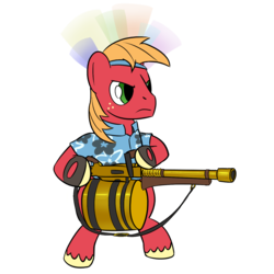Size: 1373x1373 | Tagged: safe, artist:phat_guy, derpibooru exclusive, big macintosh, earth pony, pony, g4, australium, belt, bipedal, clothes, crossover, frown, gloves, gun, hat, headband, heavy (tf2), heavy mac, heavy weapons guy, hoof hold, male, minigun, shirt, simple background, solo, stallion, team fortress 2, tomislav, transparent background, unusual hat, video game, weapon